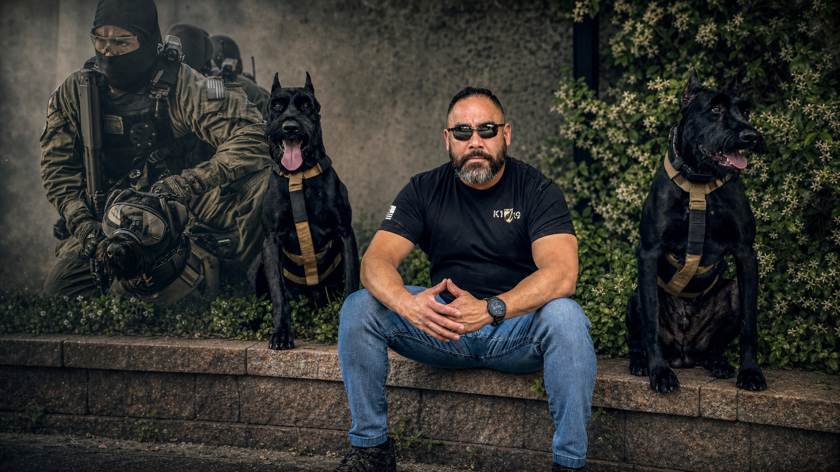 Joseph Garcia flanked by two working Giant Schnauzers in K1K9 harnesses, corrections special operations mural in background
