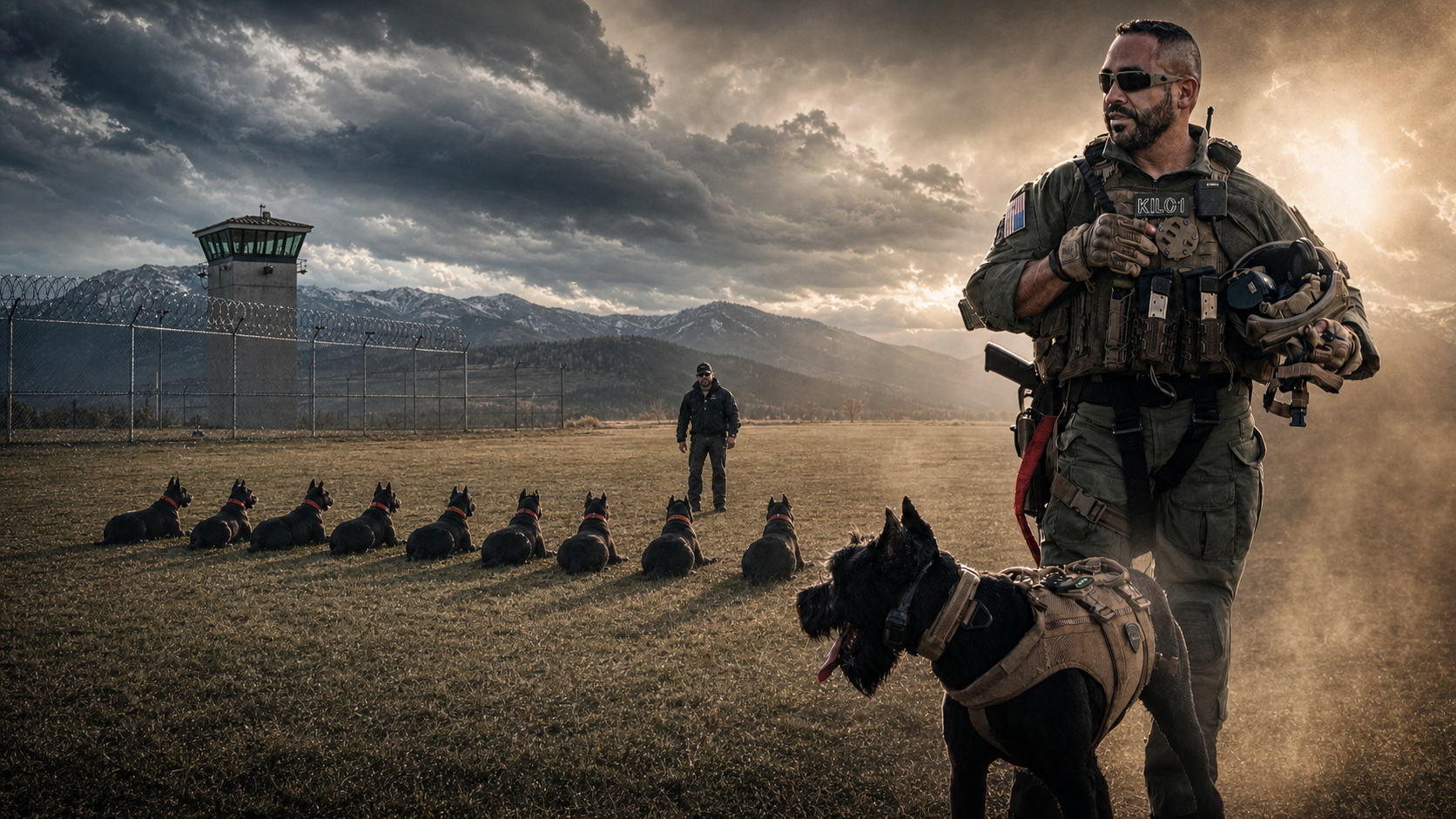 KILO1 with the working K1K9 in the foreground, a line of Giant Schnauzers seated in formation, junior handler center, guard tower and Montana mountains behind.
