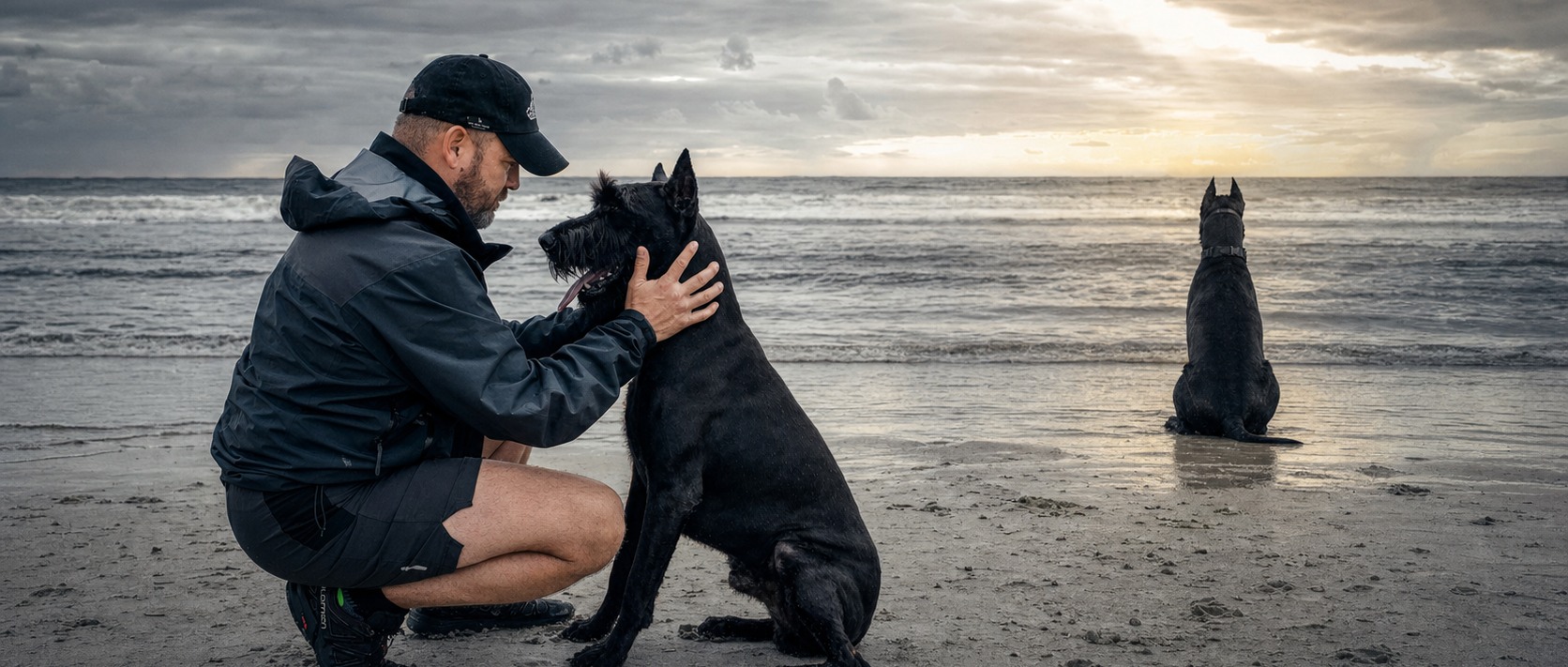 K1K9 Senior Handler with a young Giant Schnauzer on the Atlantic beach at dawn; a second Giant sits nearby in the shallow surf watching the horizon