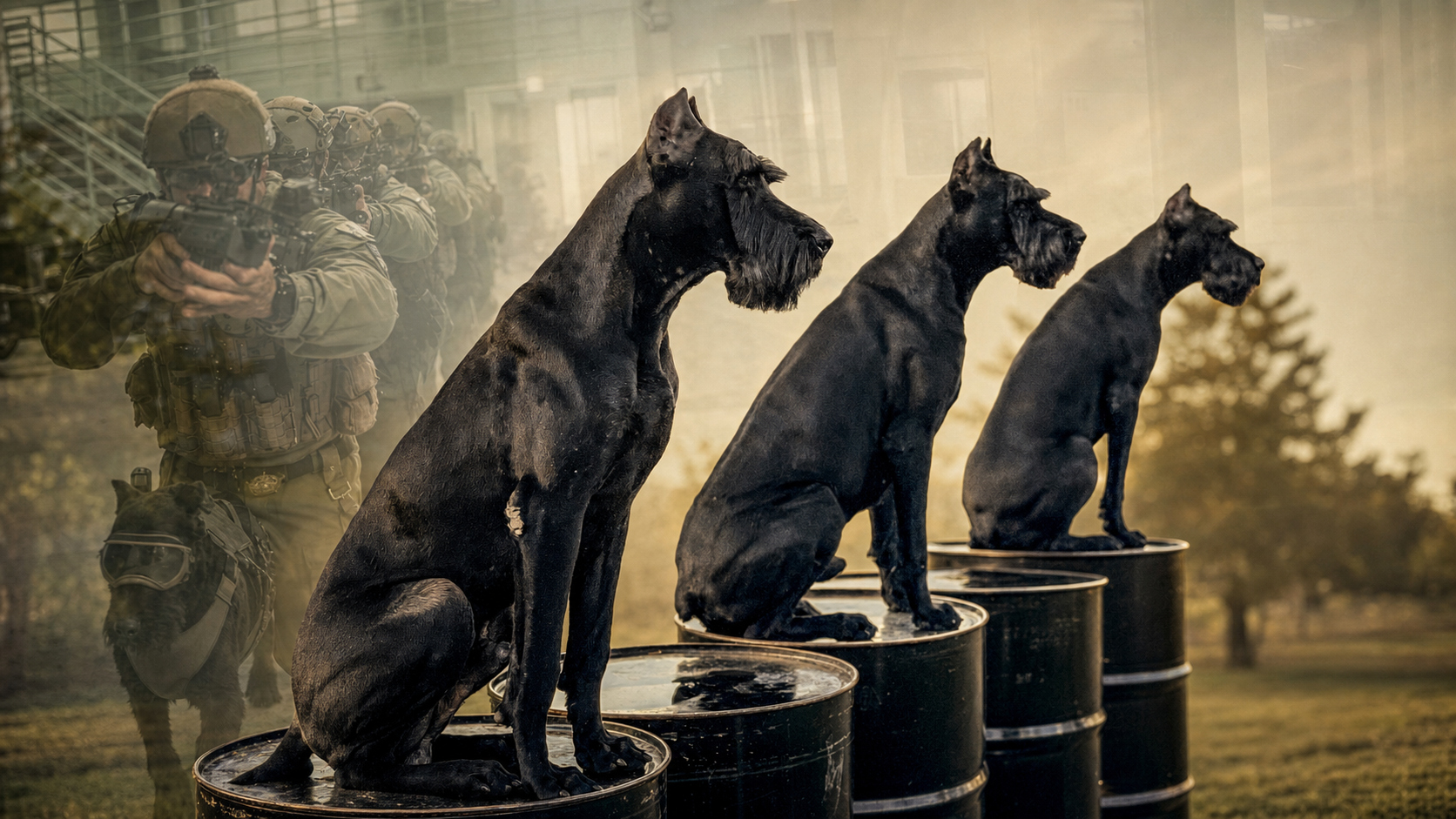 Three K1K9 Giant Schnauzers holding position on barrels in golden light, with an operator element ghosted in the background — the specialist tool at rest, and the world that trained them