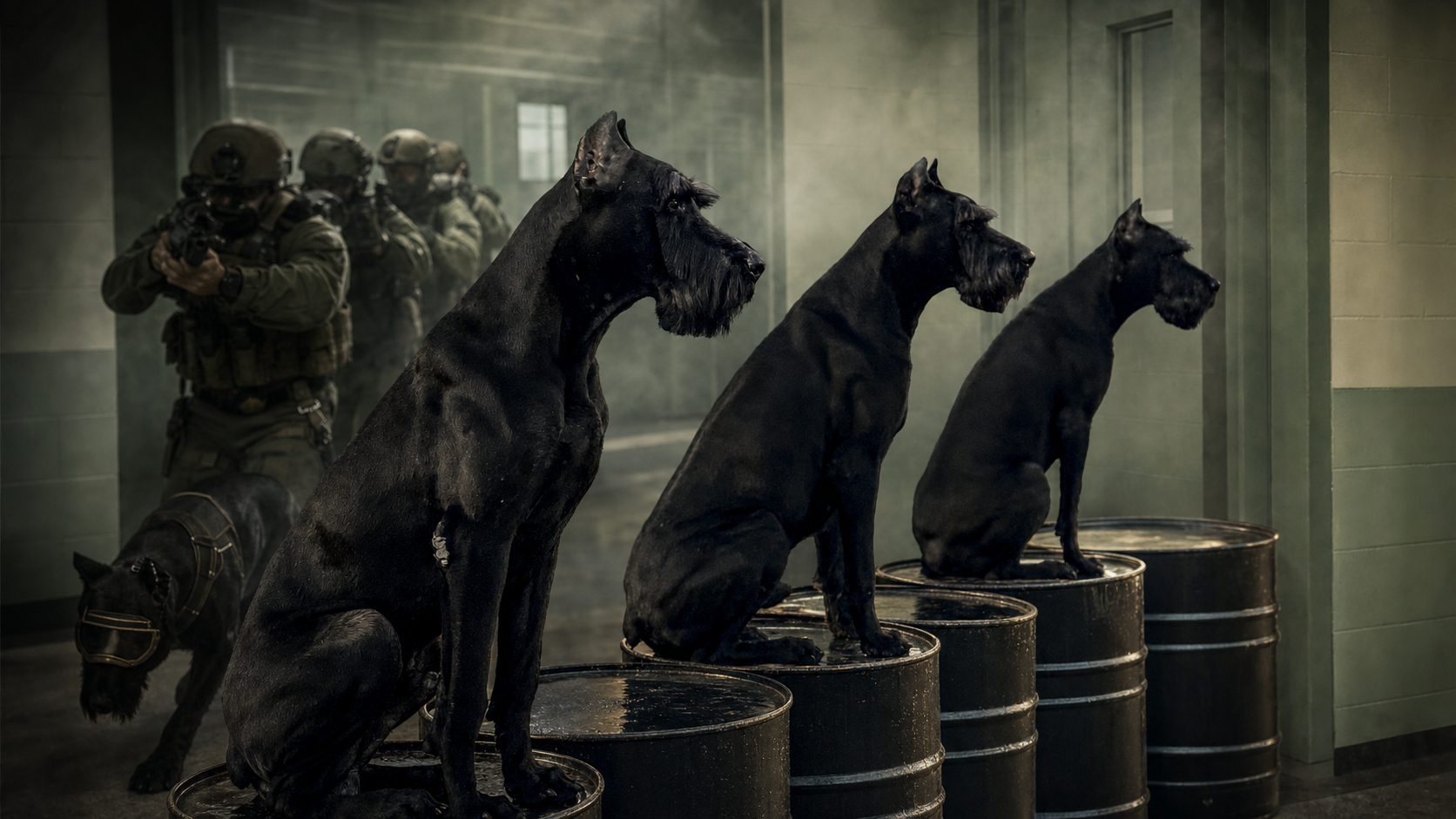 Three K1K9 Giant Schnauzers holding position on barrels as an armed stack advances through smoke