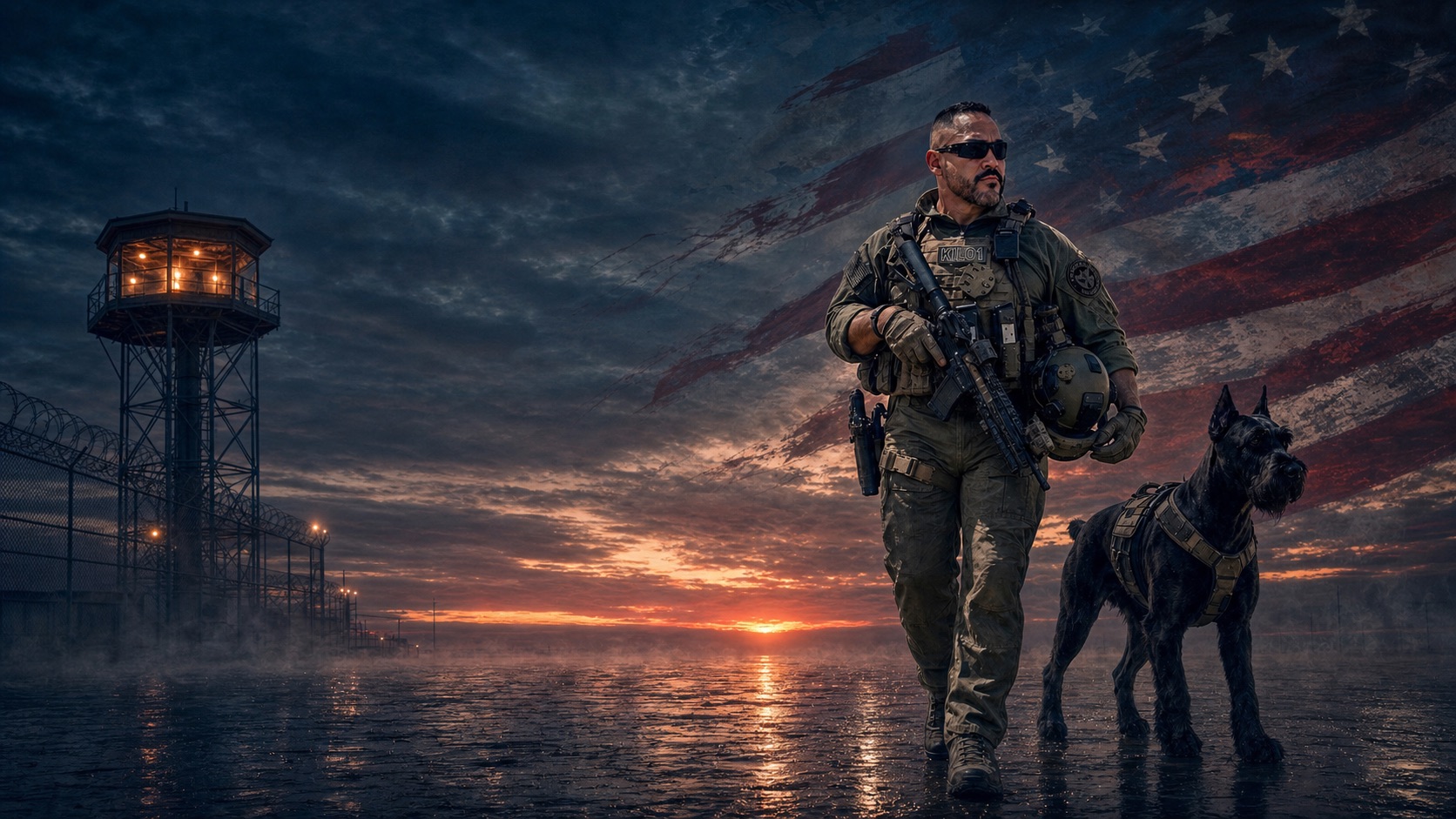 K1K9 handler and Giant Schnauzer with an American flag backdrop